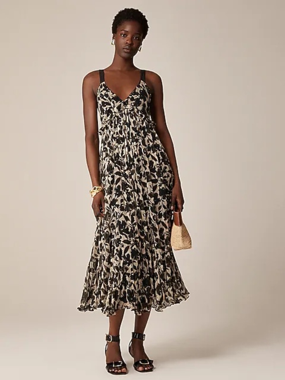 J. Crew Black and Cream Floral Pleated Midi Dress Size 10